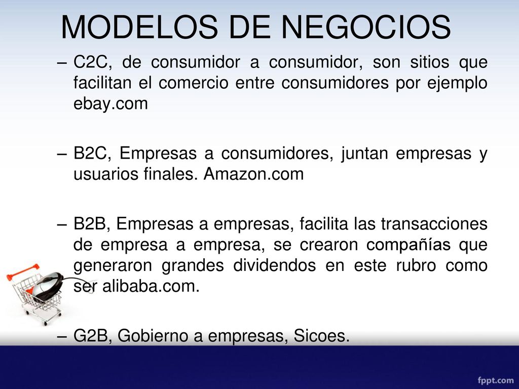 MODELOS DE NEGOCIOS C2C, de consumidor a consumidor, son sitios que facilitan el comercio entre consumidores por ejemplo ebay.com.
