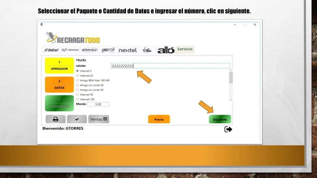Seleccionar el Paquete o Cantidad de Datos e ingresar el número, clic en siguiente.