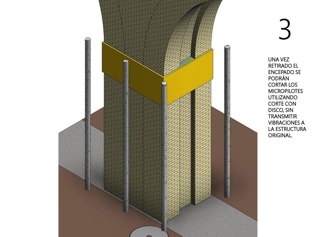 3 UNA VEZ RETIRADO EL ENCEPADO SE PODRÁN CORTAR LOS MICROPILOTES UTILIZANDO CORTE CON DISCO, SIN TRANSMITIR VIBRACIONES A LA ESTRUCTURA ORIGINAL.