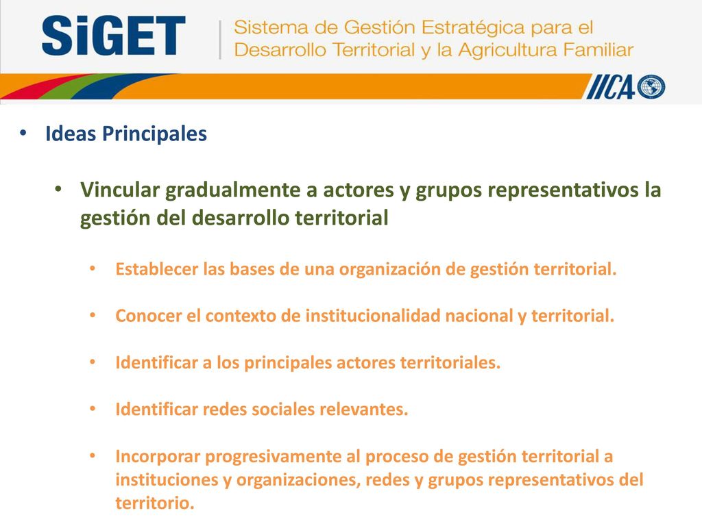 Ideas Principales Vincular gradualmente a actores y grupos representativos la gestión del desarrollo territorial.
