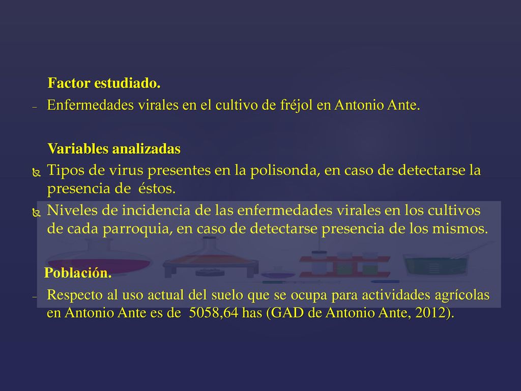 Factor estudiado. Enfermedades virales en el cultivo de fréjol en Antonio Ante. Variables analizadas.