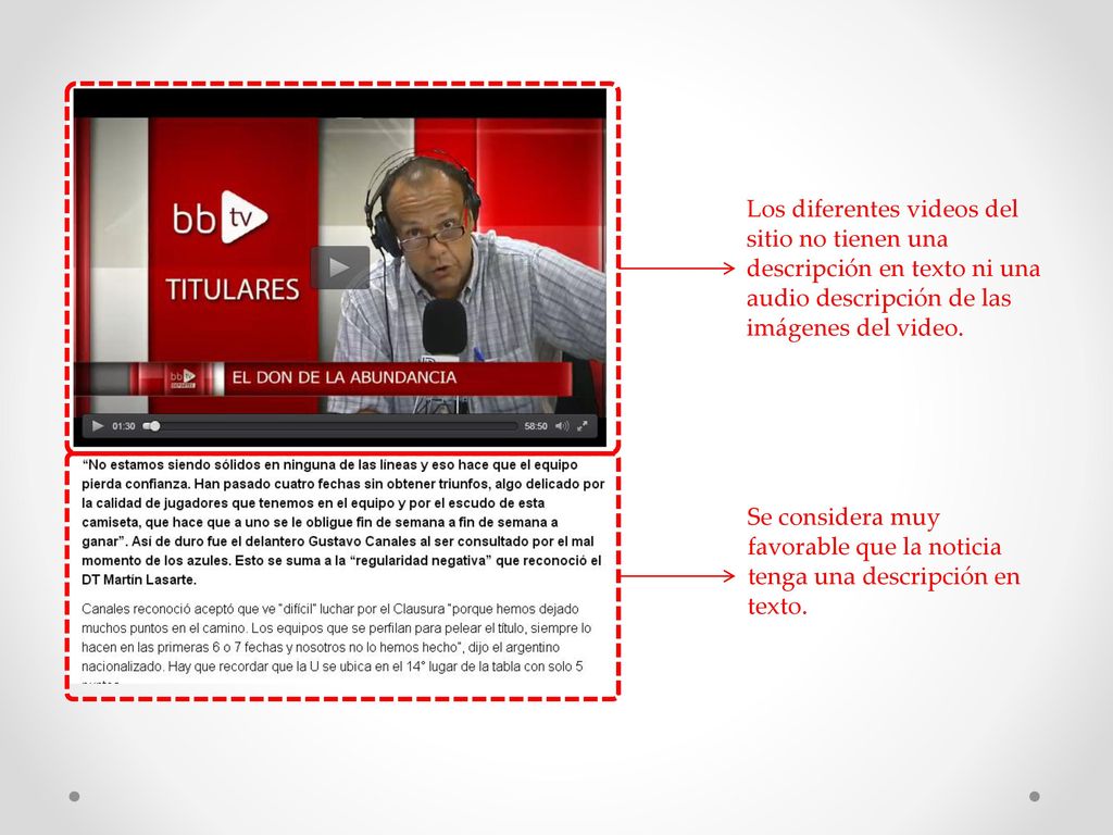 Los diferentes videos del sitio no tienen una descripción en texto ni una audio descripción de las imágenes del video.