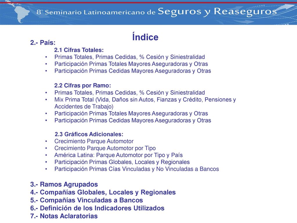 Índice 2.- País: 2.2 Cifras por Ramo: 3.- Ramos Agrupados