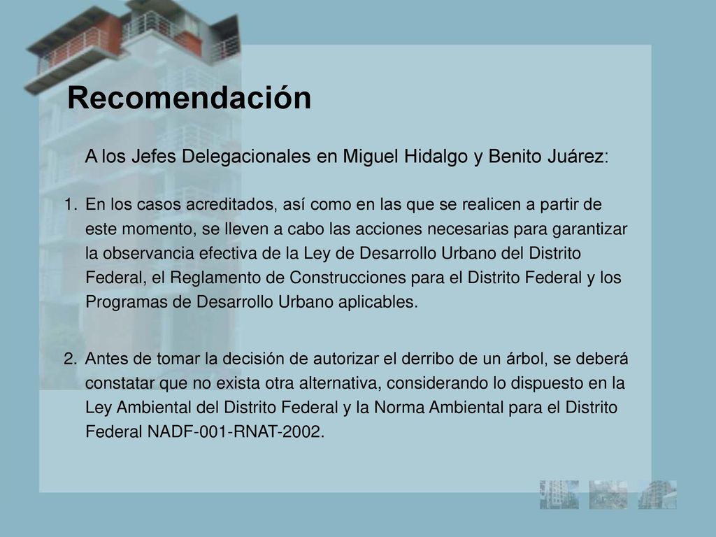 Recomendación A los Jefes Delegacionales en Miguel Hidalgo y Benito Juárez: