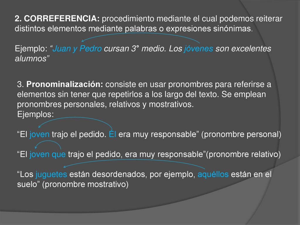 2. CORREFERENCIA: procedimiento mediante el cual podemos reiterar distintos elementos mediante palabras o expresiones sinónimas.