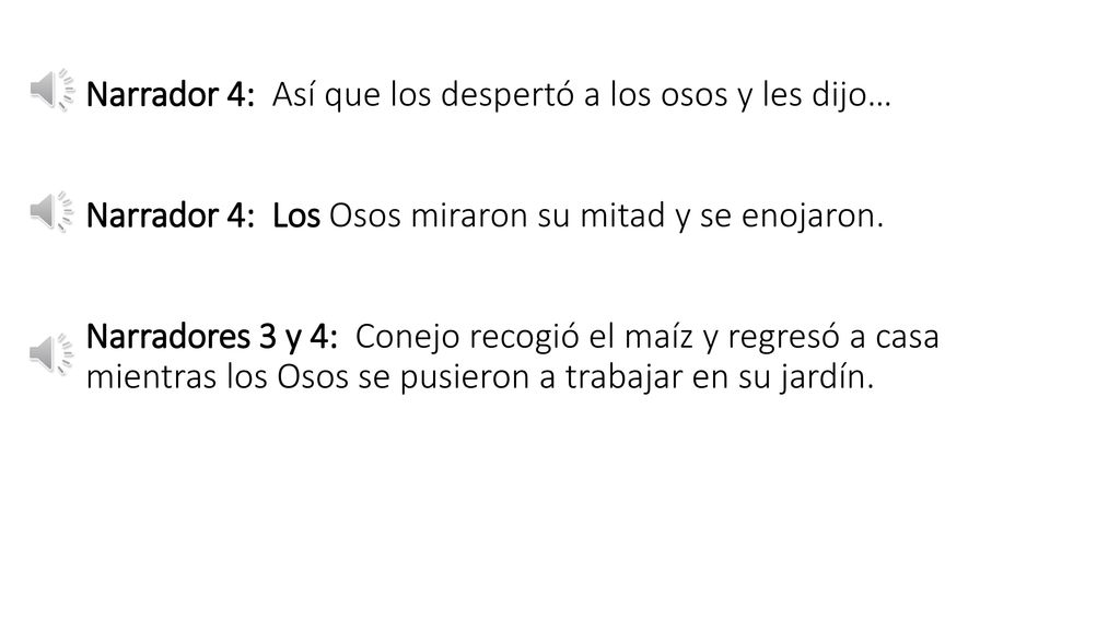 Narrador 4: Así que los despertó a los osos y les dijo… Narrador 4: Los Osos miraron su mitad y se enojaron.