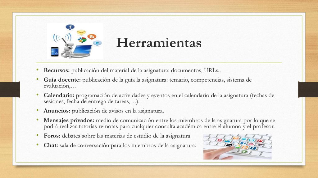Herramientas Recursos: publicación del material de la asignatura: documentos, URLs..