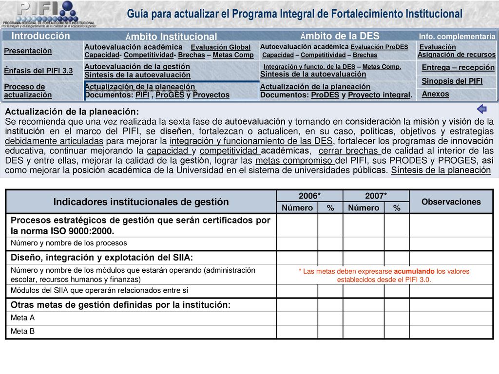 Metas compromiso para los años 2006 y 2007 en la siguiente tabla.