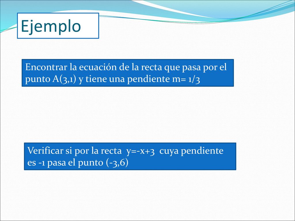Ejemplo Encontrar la ecuación de la recta que pasa por el punto A(3,1) y tiene una pendiente m= 1/3.