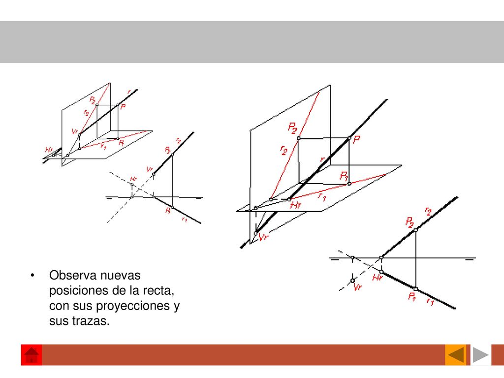 Observa nuevas posiciones de la recta, con sus proyecciones y sus trazas.