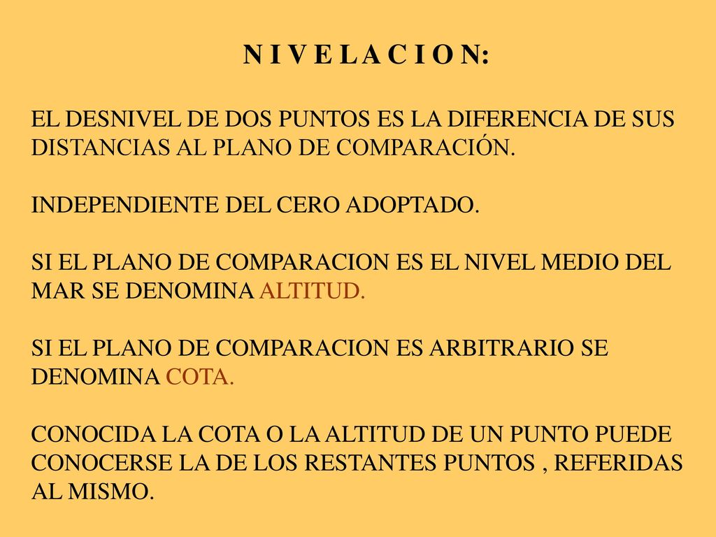 N I V E L A C I O N: EL DESNIVEL DE DOS PUNTOS ES LA DIFERENCIA DE SUS DISTANCIAS AL PLANO DE COMPARACIÓN.