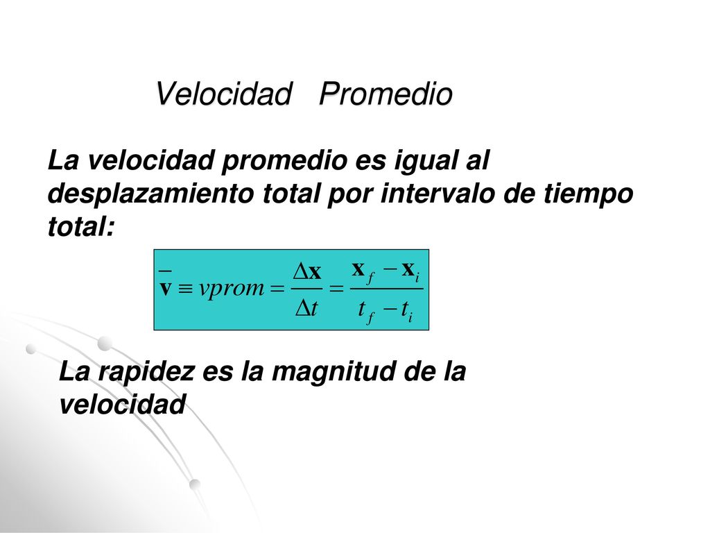 Velocidad Promedio La velocidad promedio es igual al desplazamiento total por intervalo de tiempo total: