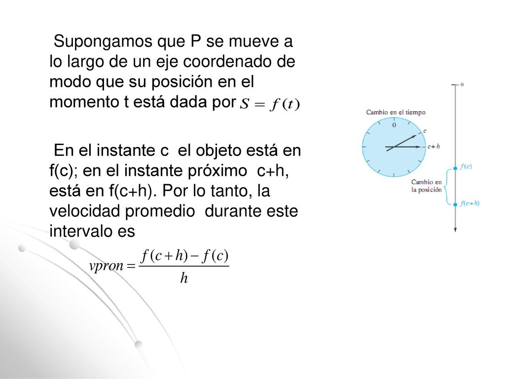 Supongamos que P se mueve a lo largo de un eje coordenado de modo que su posición en el momento t está dada por En el instante c el objeto está en f(c); en el instante próximo c+h, está en f(c+h).