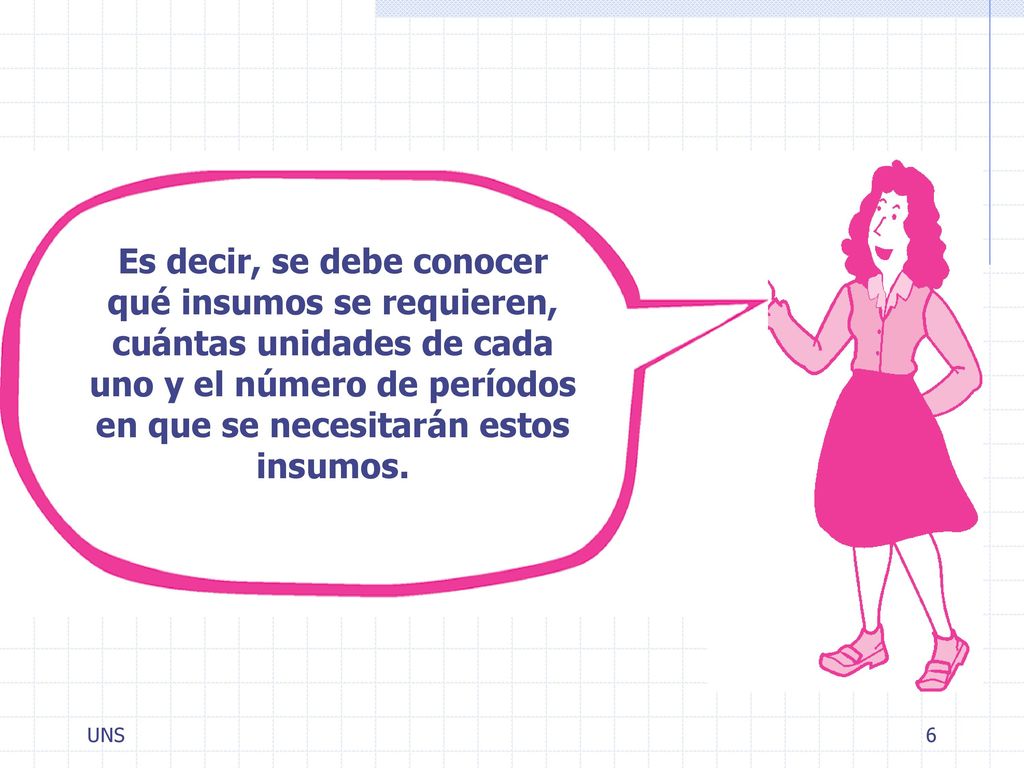 Es decir, se debe conocer qué insumos se requieren, cuántas unidades de cada uno y el número de períodos en que se necesitarán estos insumos.
