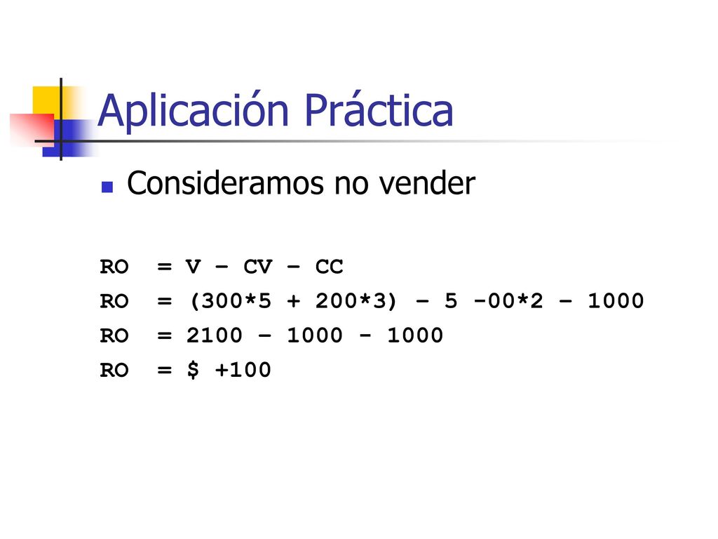 Aplicación Práctica Consideramos no vender RO = V – CV – CC