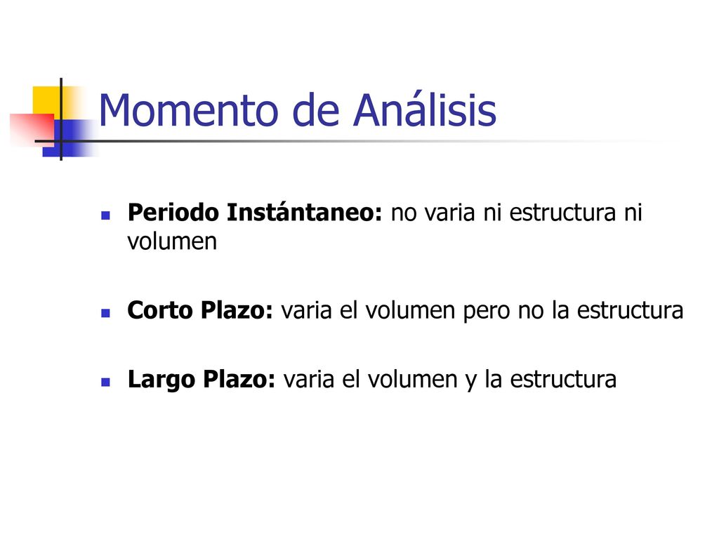 Momento de Análisis Periodo Instántaneo: no varia ni estructura ni volumen. Corto Plazo: varia el volumen pero no la estructura.