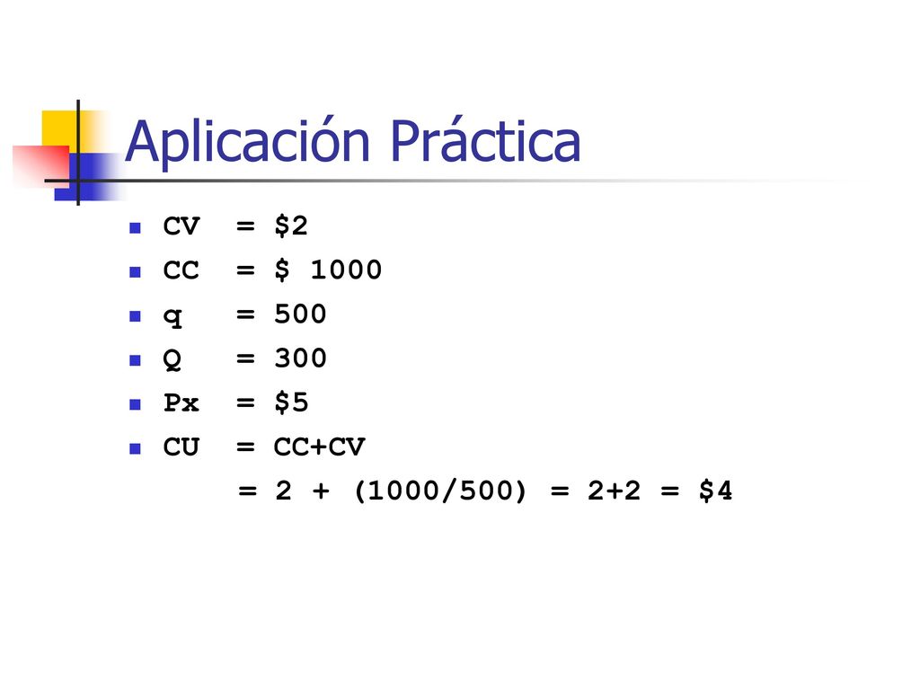Aplicación Práctica CV = $2 CC = $ 1000 q = 500 Q = 300 Px = $5