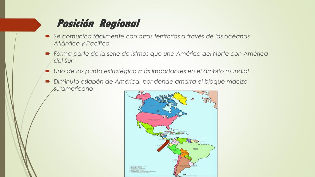 Posición Regional Se comunica fácilmente con otros territorios a través de los océanos Atlántico y Pacífica.