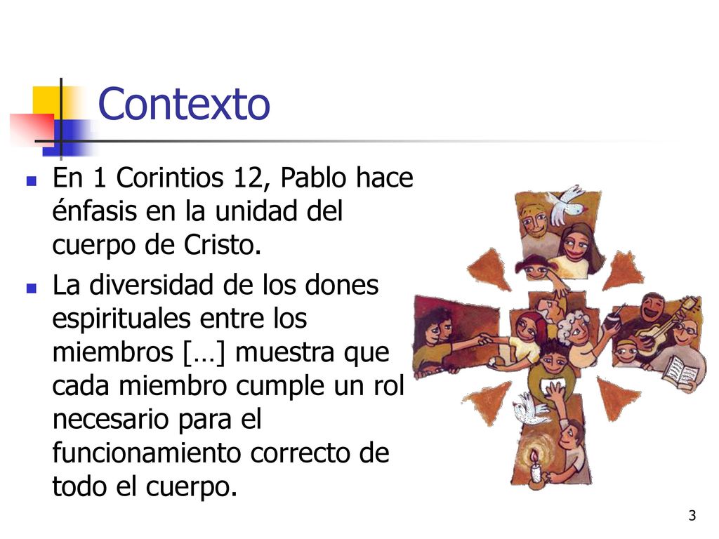 Contexto En 1 Corintios 12, Pablo hace énfasis en la unidad del cuerpo de Cristo.