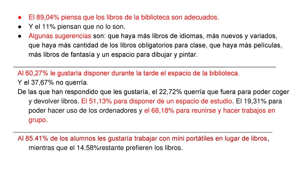 El 89,04% piensa que los libros de la biblioteca son adecuados.
