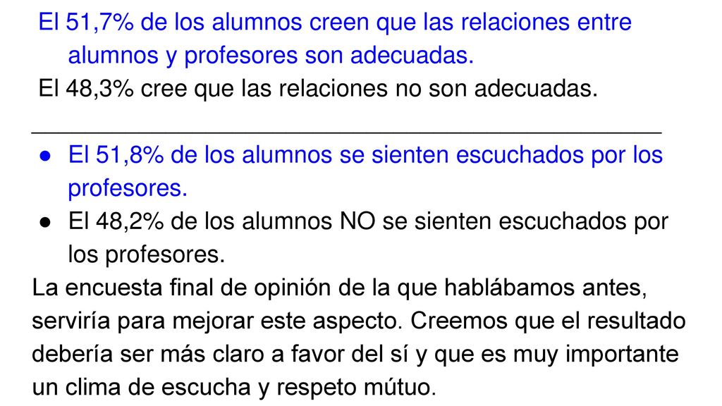 El 51,7% de los alumnos creen que las relaciones entre alumnos y profesores son adecuadas.