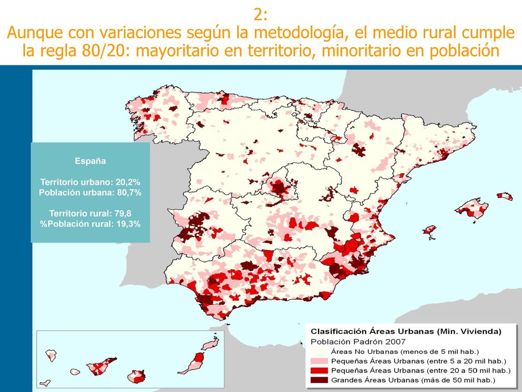 2: Aunque con variaciones según la metodología, el medio rural cumple la regla 80/20: mayoritario en territorio, minoritario en población