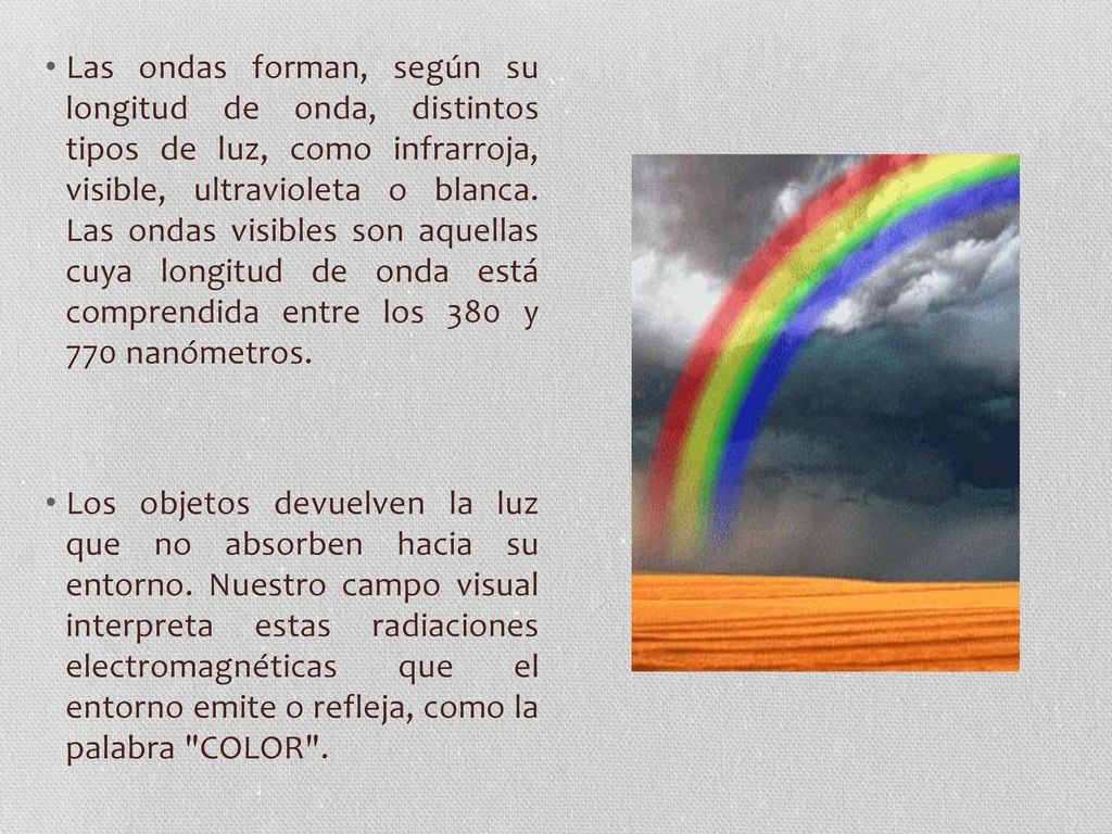 Las ondas forman, según su longitud de onda, distintos tipos de luz, como infrarroja, visible, ultravioleta o blanca. Las ondas visibles son aquellas cuya longitud de onda está comprendida entre los 380 y 770 nanómetros.