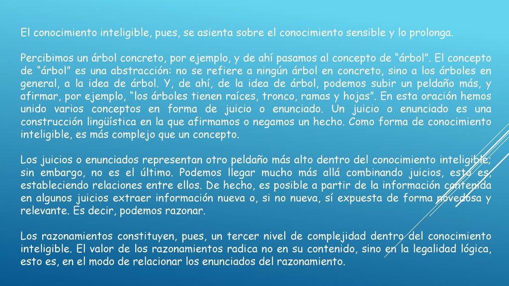 El conocimiento inteligible, pues, se asienta sobre el conocimiento sensible y lo prolonga.
