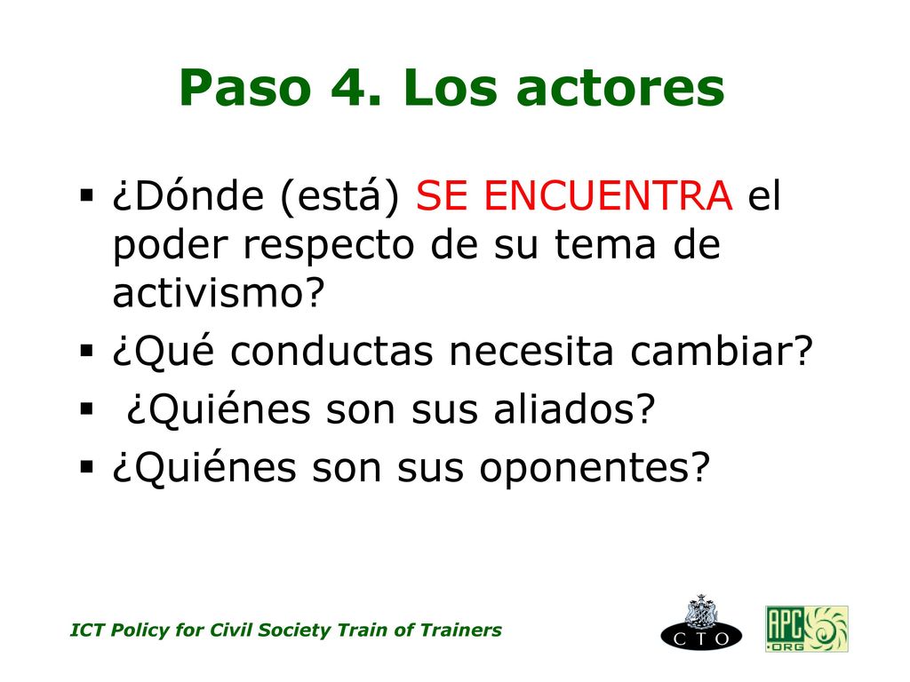 Paso 4. Los actores ¿Dónde (está) SE ENCUENTRA el poder respecto de su tema de activismo ¿Qué conductas necesita cambiar