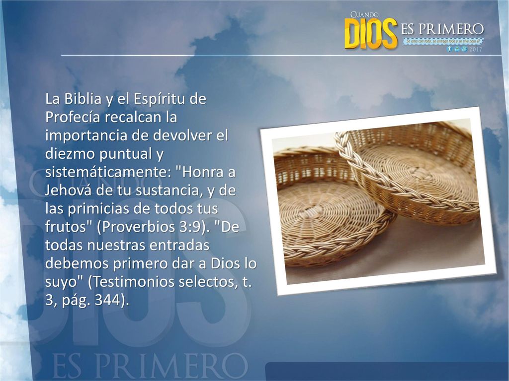 La Biblia y el Espíritu de Profecía recalcan la importancia de devolver el diezmo puntual y sistemáticamente: Honra a Jehová de tu sustancia, y de las primicias de todos tus frutos (Proverbios 3:9).