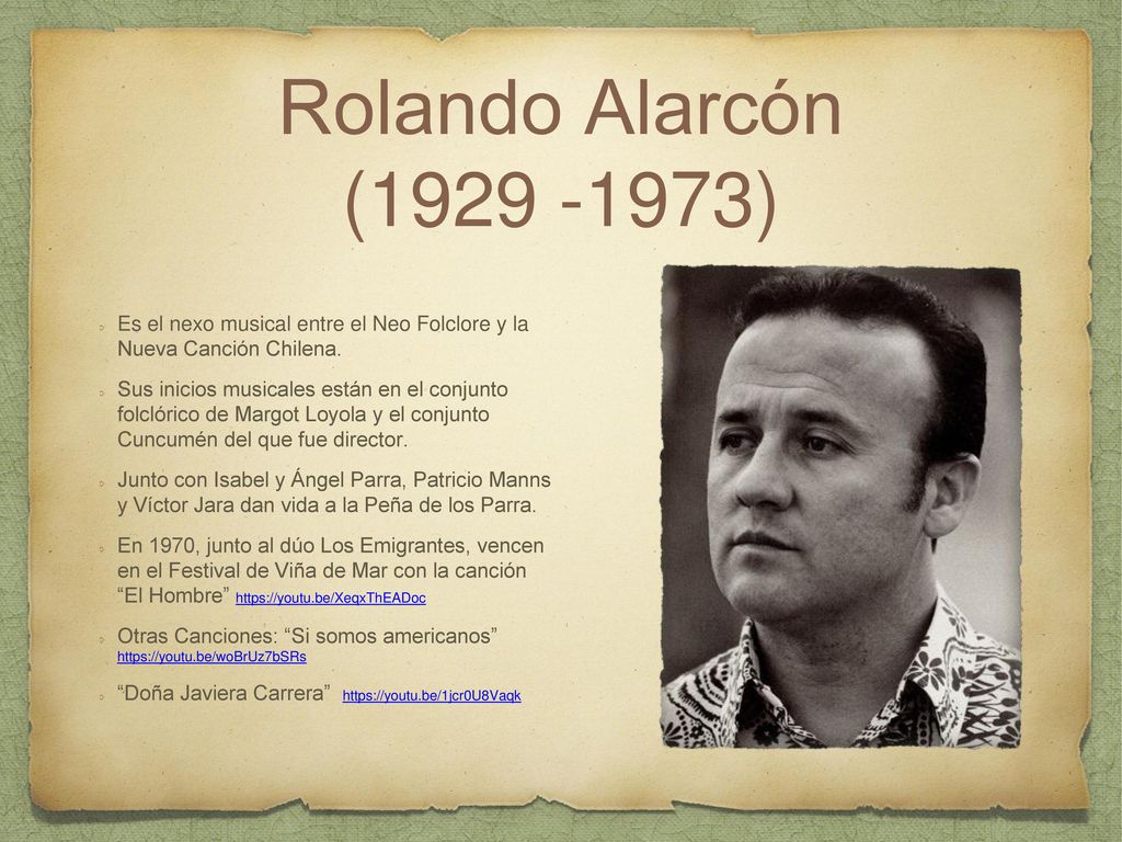 Rolando Alarcón ( ) Es el nexo musical entre el Neo Folclore y la Nueva Canción Chilena.
