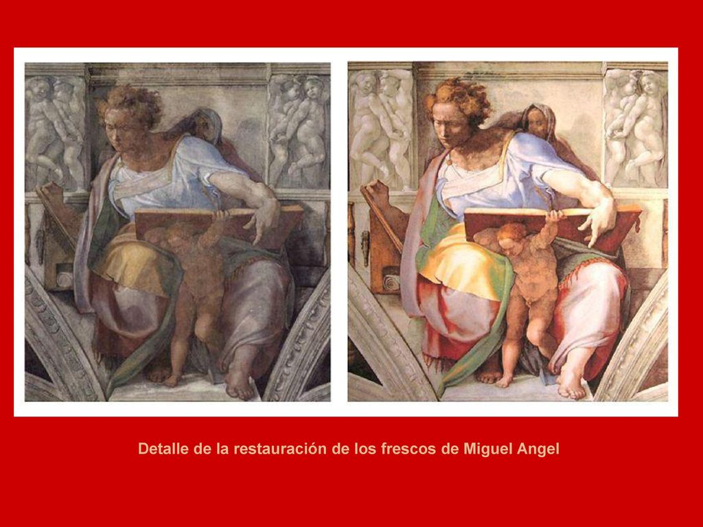 Detalle de la restauración de los frescos de Miguel Angel
