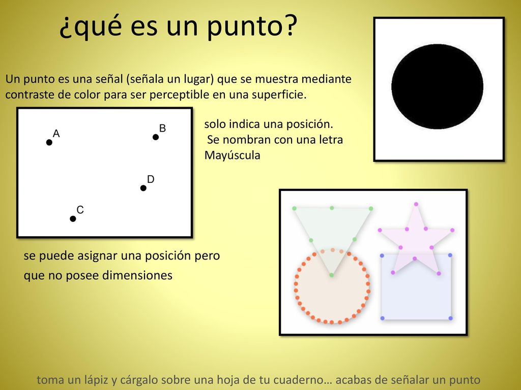 ¿qué es un punto Un punto es una señal (señala un lugar) que se muestra mediante contraste de color para ser perceptible en una superficie.