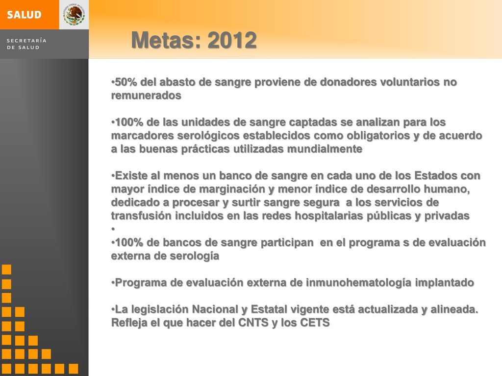 Metas: % del abasto de sangre proviene de donadores voluntarios no remunerados.