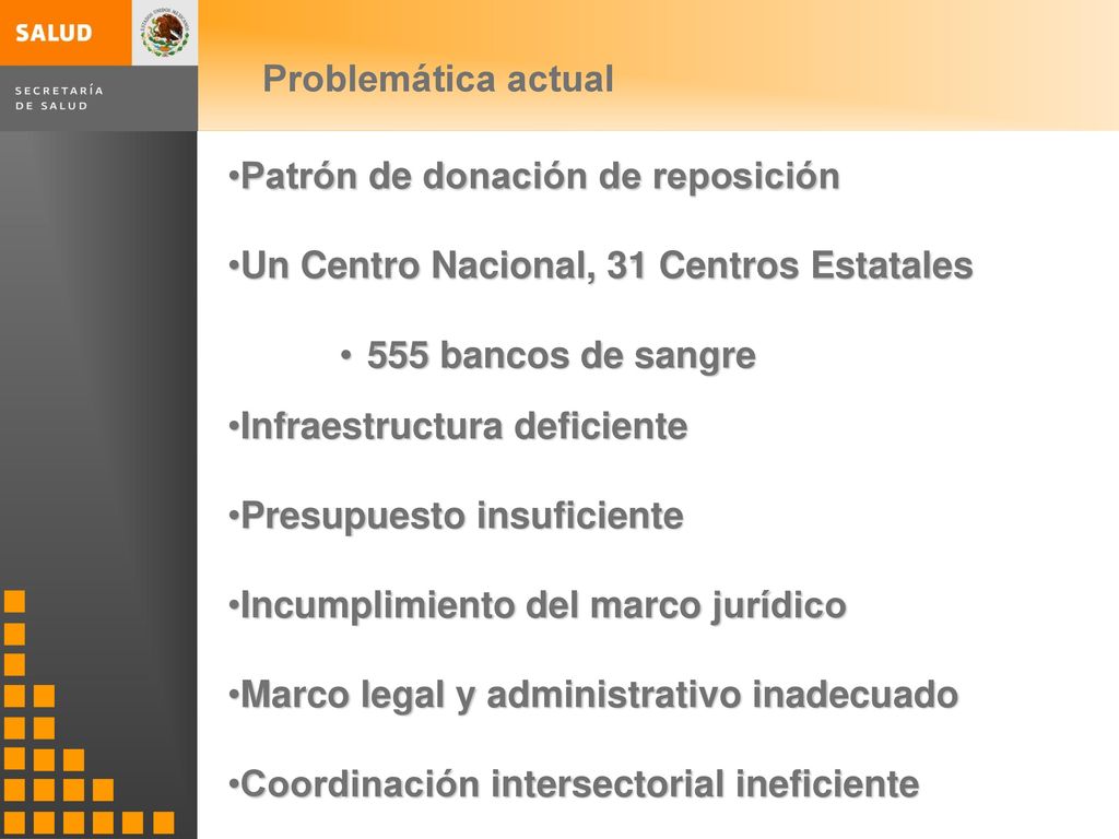 Problemática actual Patrón de donación de reposición. Un Centro Nacional, 31 Centros Estatales. 555 bancos de sangre.