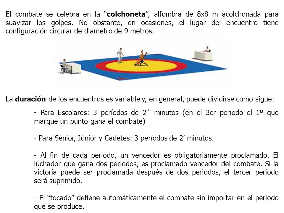 El combate se celebra en la colchoneta , alfombra de 8x8 m acolchonada para suavizar los golpes. No obstante, en ocasiones, el lugar del encuentro tiene configuración circular de diámetro de 9 metros.