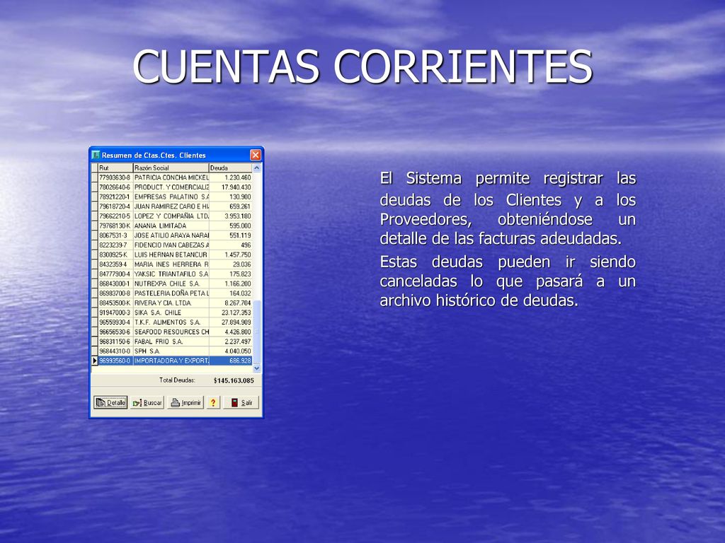 CUENTAS CORRIENTES El Sistema permite registrar las deudas de los Clientes y a los Proveedores, obteniéndose un detalle de las facturas adeudadas.