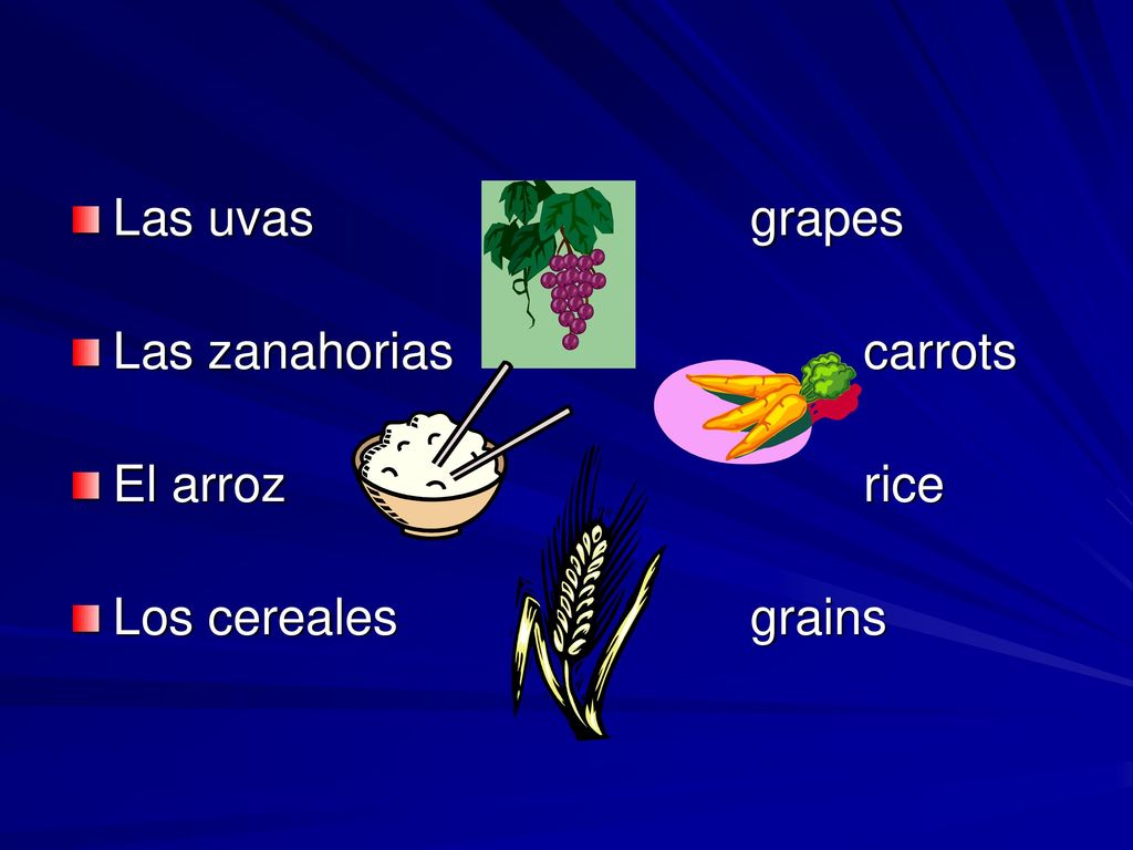 Las uvas grapes Las zanahorias carrots El arroz rice Los cereales grains