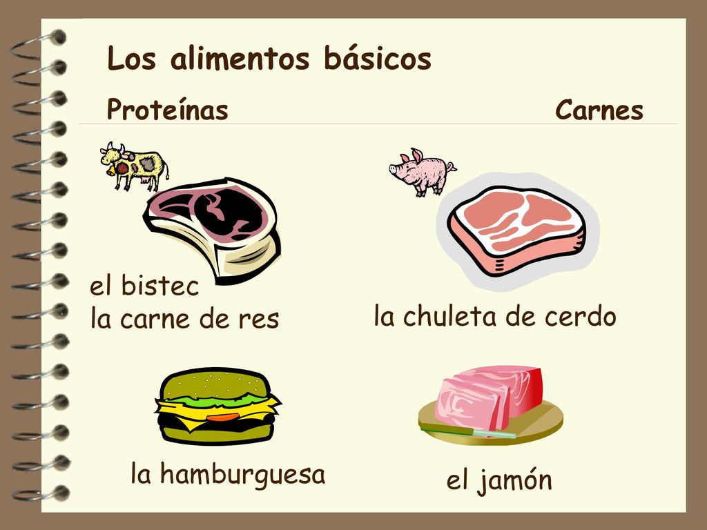 Los alimentos básicos Proteínas Carnes el bistec la carne de res