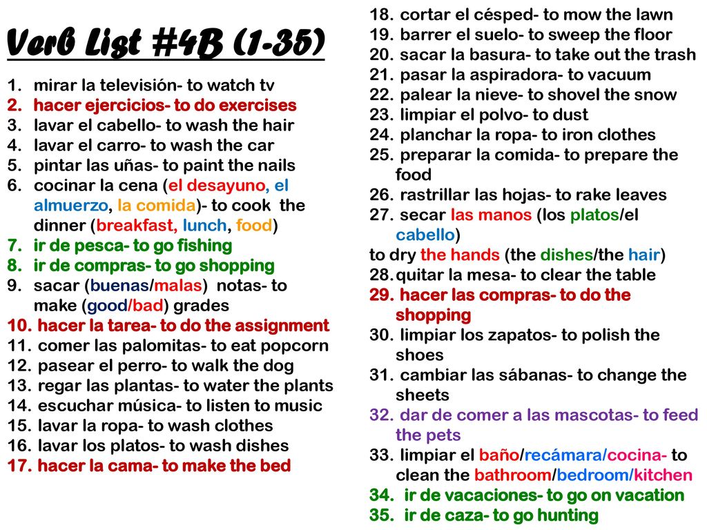 Verb List #4B (1-35) cortar el césped- to mow the lawn