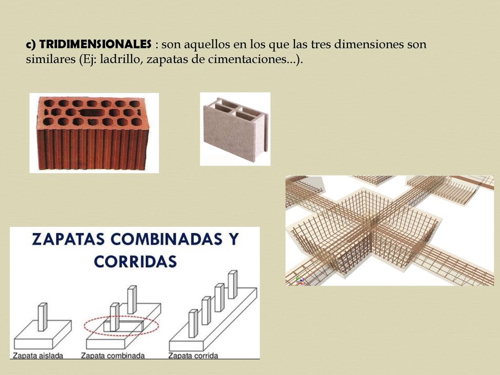 c) TRIDIMENSIONALES : son aquellos en los que las tres dimensiones son similares (Ej: ladrillo, zapatas de cimentaciones...).