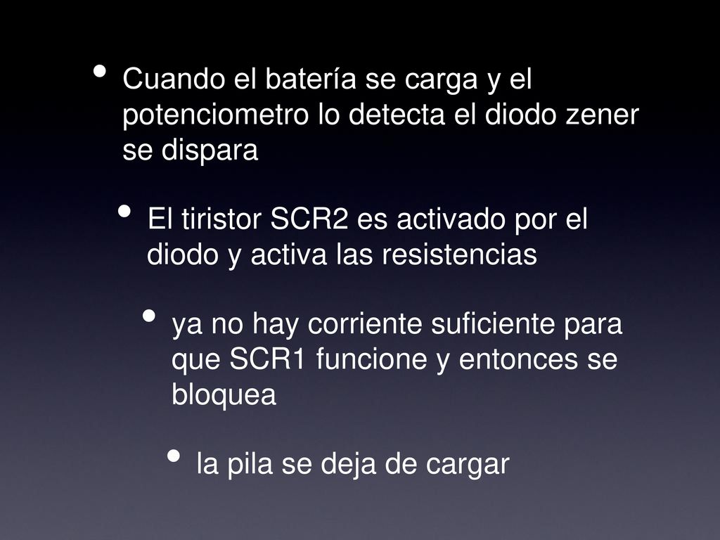 Cuando el batería se carga y el potenciometro lo detecta el diodo zener se dispara
