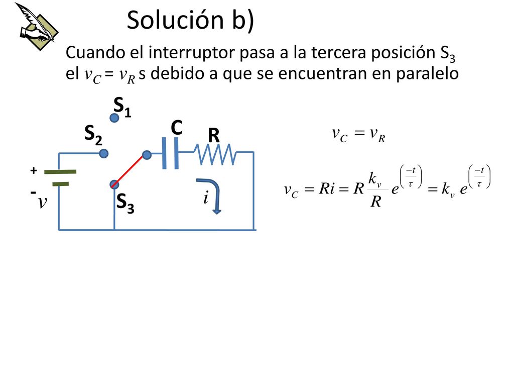 Solución b) Cuando el interruptor pasa a la tercera posición S3 el vC = vR s debido a que se encuentran en paralelo.