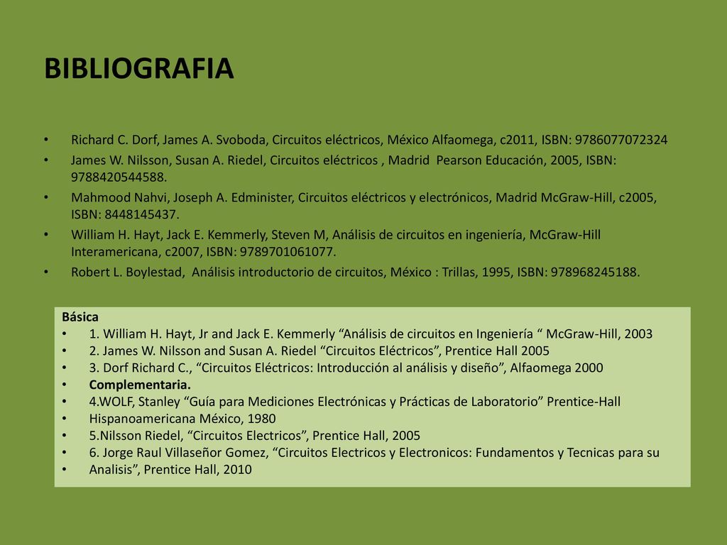 BIBLIOGRAFIA Richard C. Dorf, James A. Svoboda, Circuitos eléctricos, México Alfaomega, c2011, ISBN: