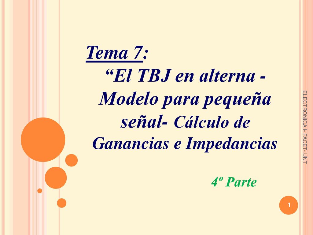 Tema 7: El TBJ en alterna - Modelo para pequeña señal- Cálculo de Ganancias e Impedancias. ELECTRONICA I- FACET- UNT.