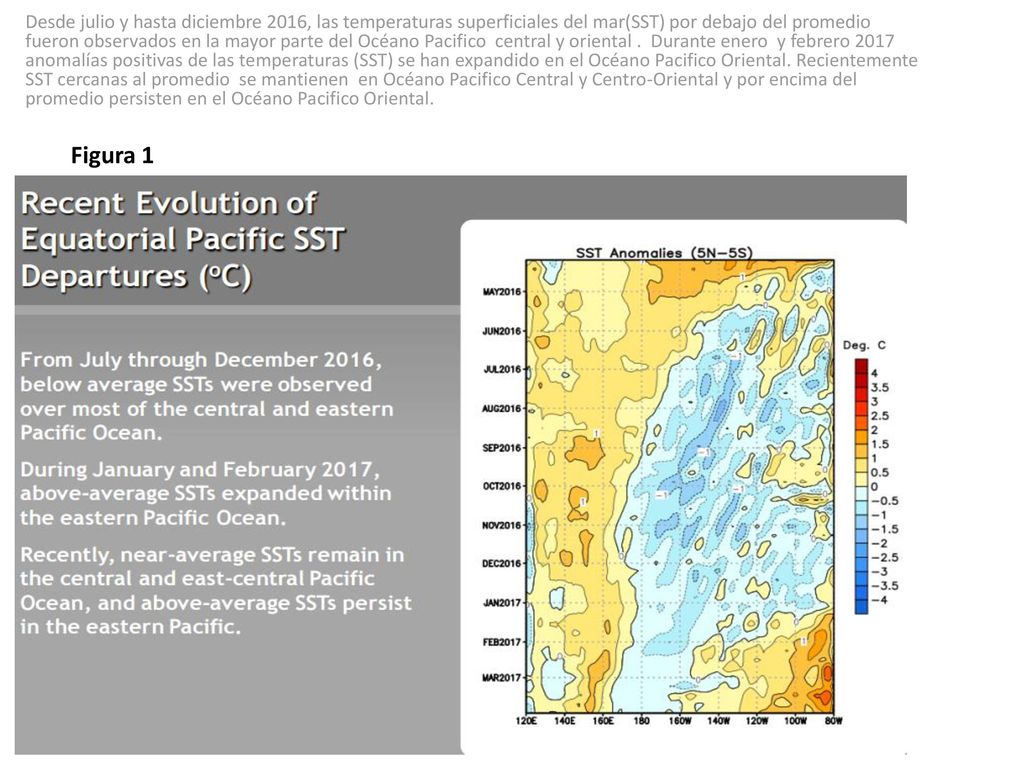 Desde julio y hasta diciembre 2016, las temperaturas superficiales del mar(SST) por debajo del promedio fueron observados en la mayor parte del Océano Pacifico central y oriental . Durante enero y febrero 2017 anomalías positivas de las temperaturas (SST) se han expandido en el Océano Pacifico Oriental. Recientemente SST cercanas al promedio se mantienen en Océano Pacifico Central y Centro-Oriental y por encima del promedio persisten en el Océano Pacifico Oriental.
