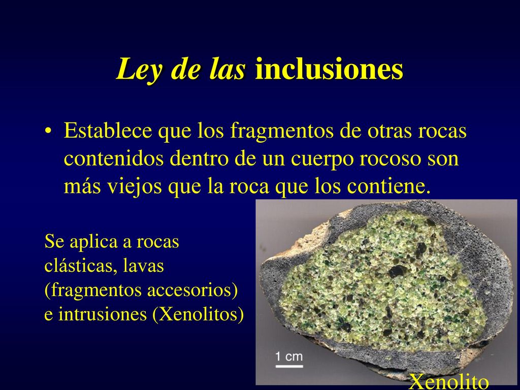 Ley de las inclusiones Establece que los fragmentos de otras rocas contenidos dentro de un cuerpo rocoso son más viejos que la roca que los contiene.