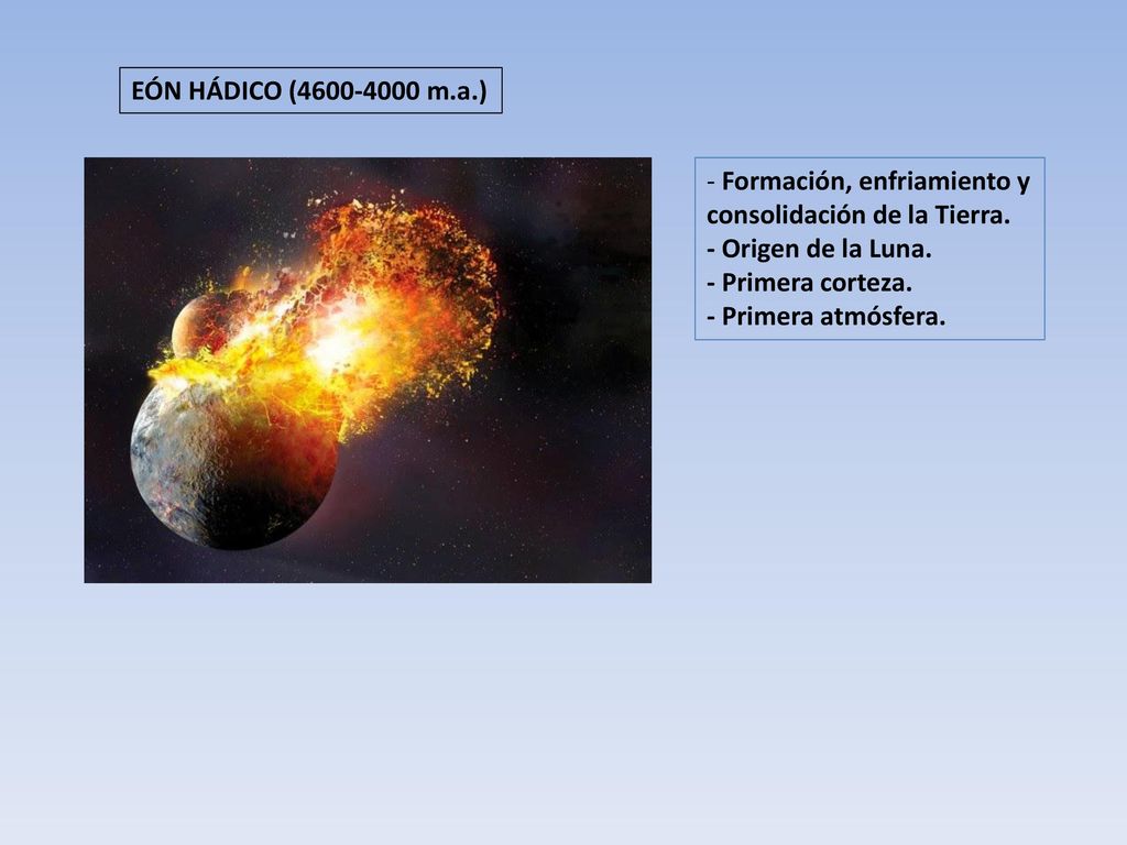EÓN HÁDICO ( m.a.) - Formación, enfriamiento y. consolidación de la Tierra. - Origen de la Luna.
