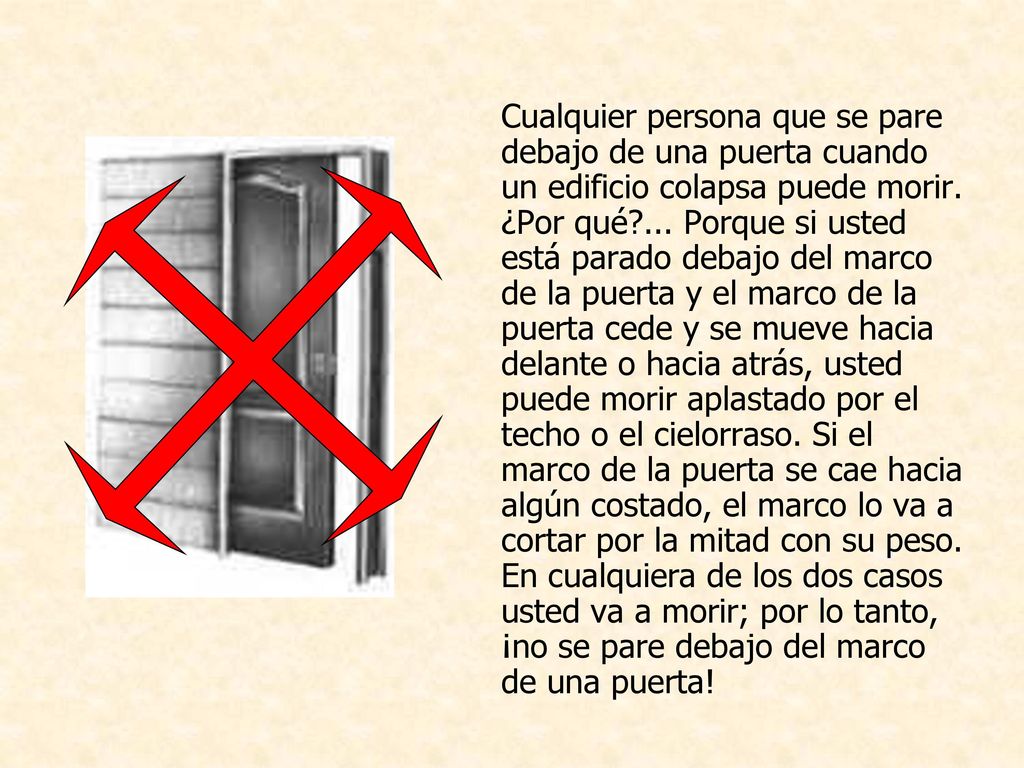 Cualquier persona que se pare debajo de una puerta cuando un edificio colapsa puede morir.