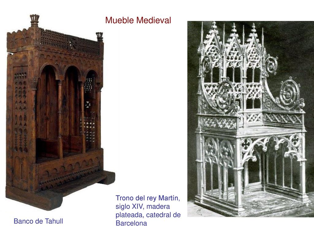 Mueble Medieval Trono del rey Martín, siglo XIV, madera plateada, catedral de Barcelona.